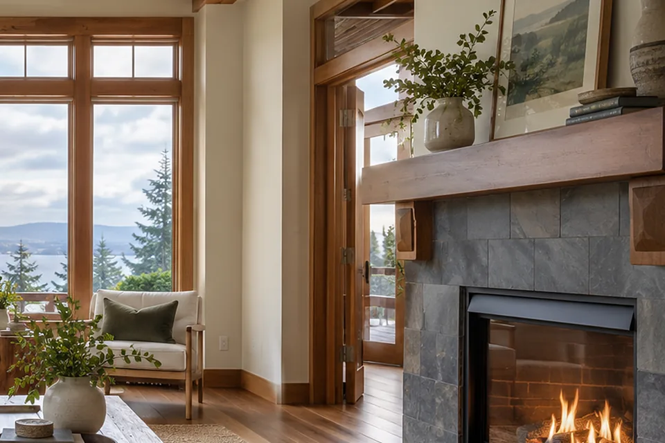 Gas fireplace with a slate surround beside a window with a view of the water and trees, fire damage restoration in Seattle, Washington